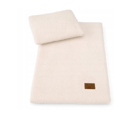 Kocyk otulacz BOUCLE baranek + poduszka – zestaw do wózka/łóżeczka – beż