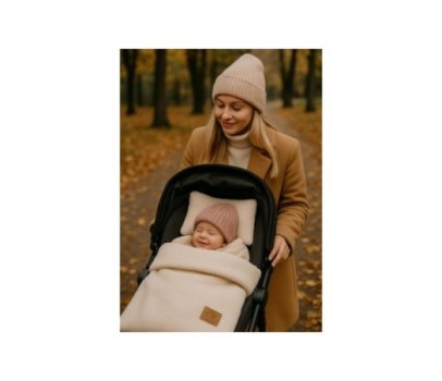 Kocyk otulacz BOUCLE baranek + poduszka – zestaw do wózka/łóżeczka – beż