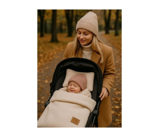 Kocyk otulacz BOUCLE baranek + poduszka – zestaw do wózka/łóżeczka – beż