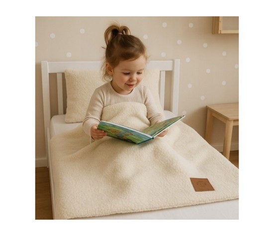 Kocyk BOUCLE baranek + poduszka, zestaw do wózka/łóżeczka – beż 75 x100 BEŻ