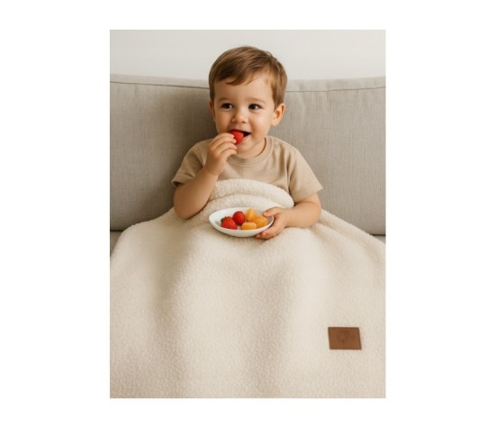 Kocyk BOUCLE baranek + poduszka, zestaw do wózka/łóżeczka – 75 x100 BIAŁY